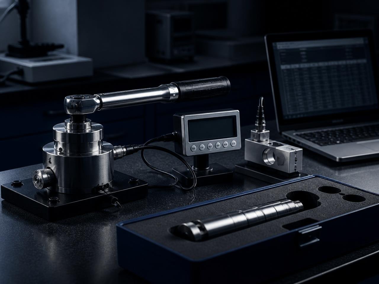 A calibration laboratory bench with reference standards, a torque tester and a technician recording readings